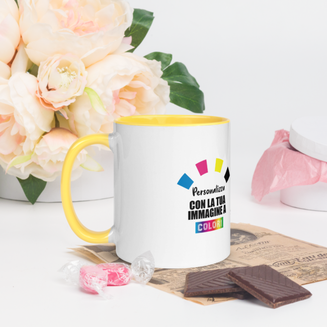 Tazza In Ceramica Bianca Con Interno Colorato Giallo, personalizzata con foto, grafica, immagini, logo